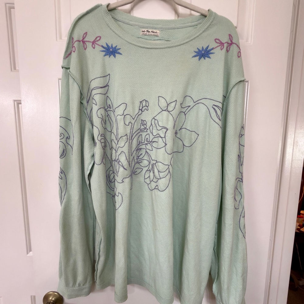 Free People We The Free Skylar Embroidered Thermal|Mint Green Waffle Knit Top|XL